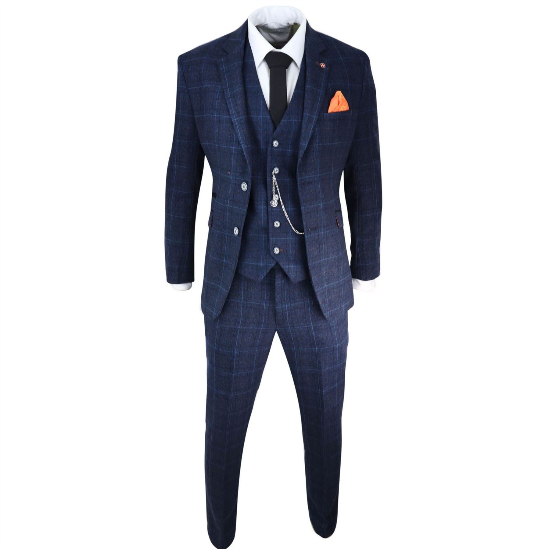 Mens Grey 3 Piece Suit Tan Navy Check Wedding Prom Formal Vintage Tailored Fit