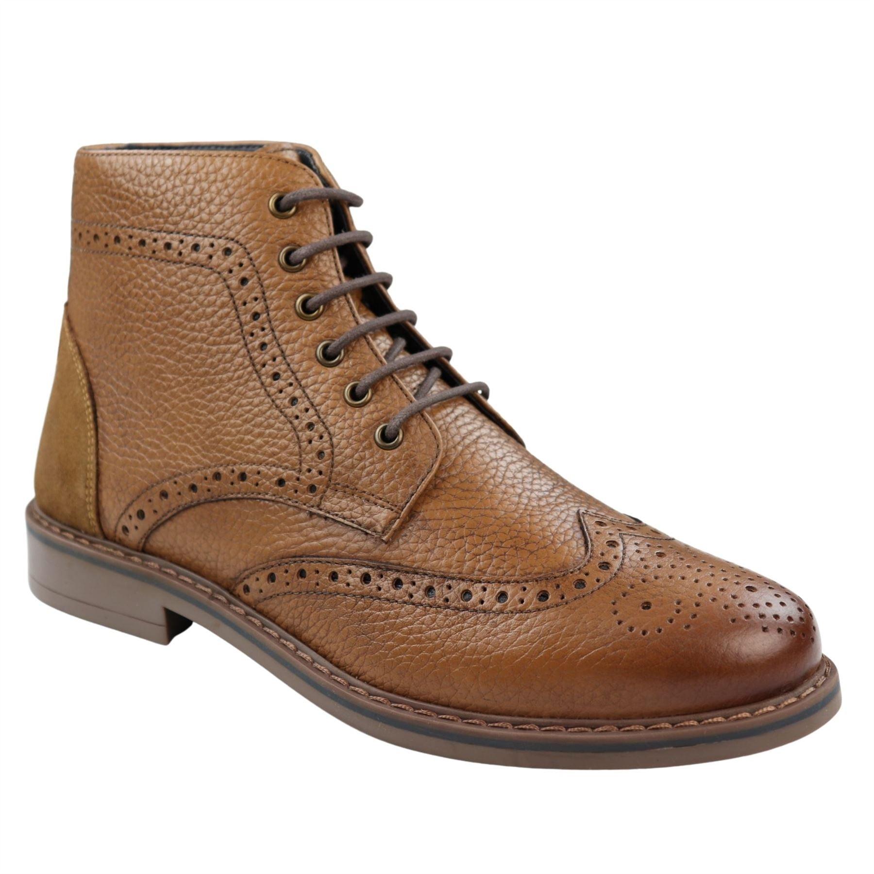 Mens Round Toe Laced Brogue Boots Black Tan Brown Real Leather Smart Casual Classic - Knighthood Store