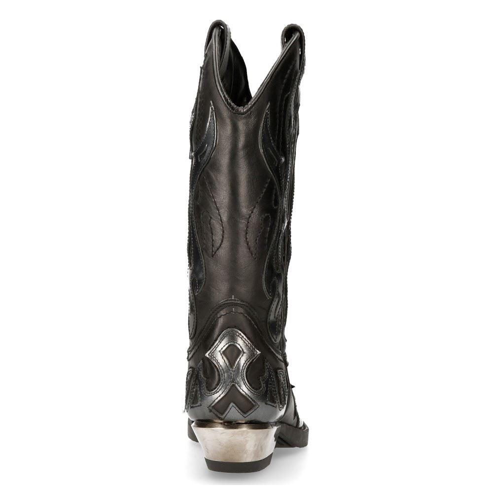 New Rock M-7921-S3 Silver Flame Boots Black Leather Heavy Biker Western Cowboy - Knighthood Store