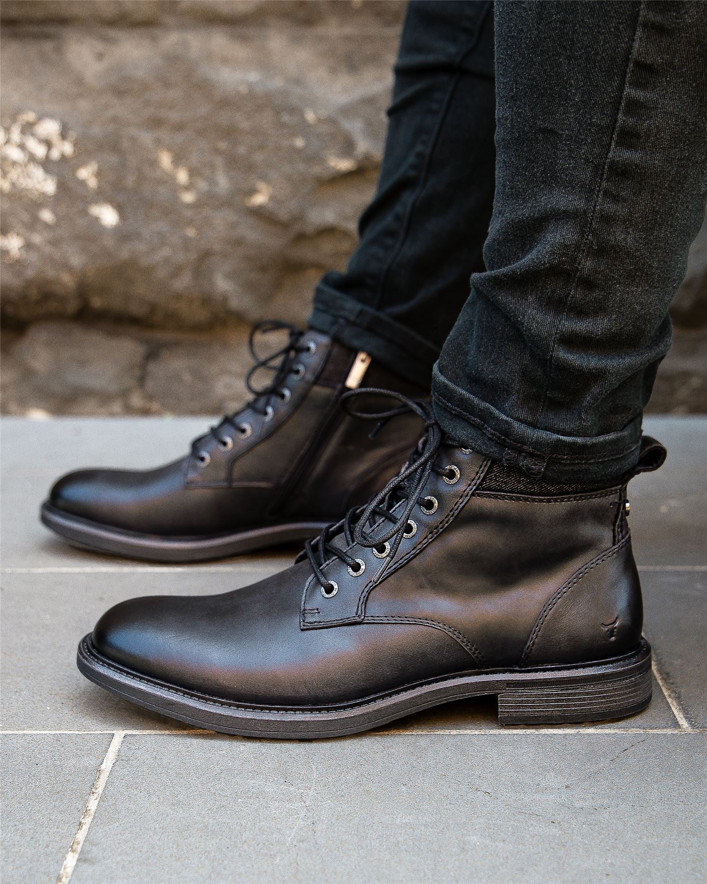 Beau - Men's Black Lace Up Side Zip Leather Chelsea Boots