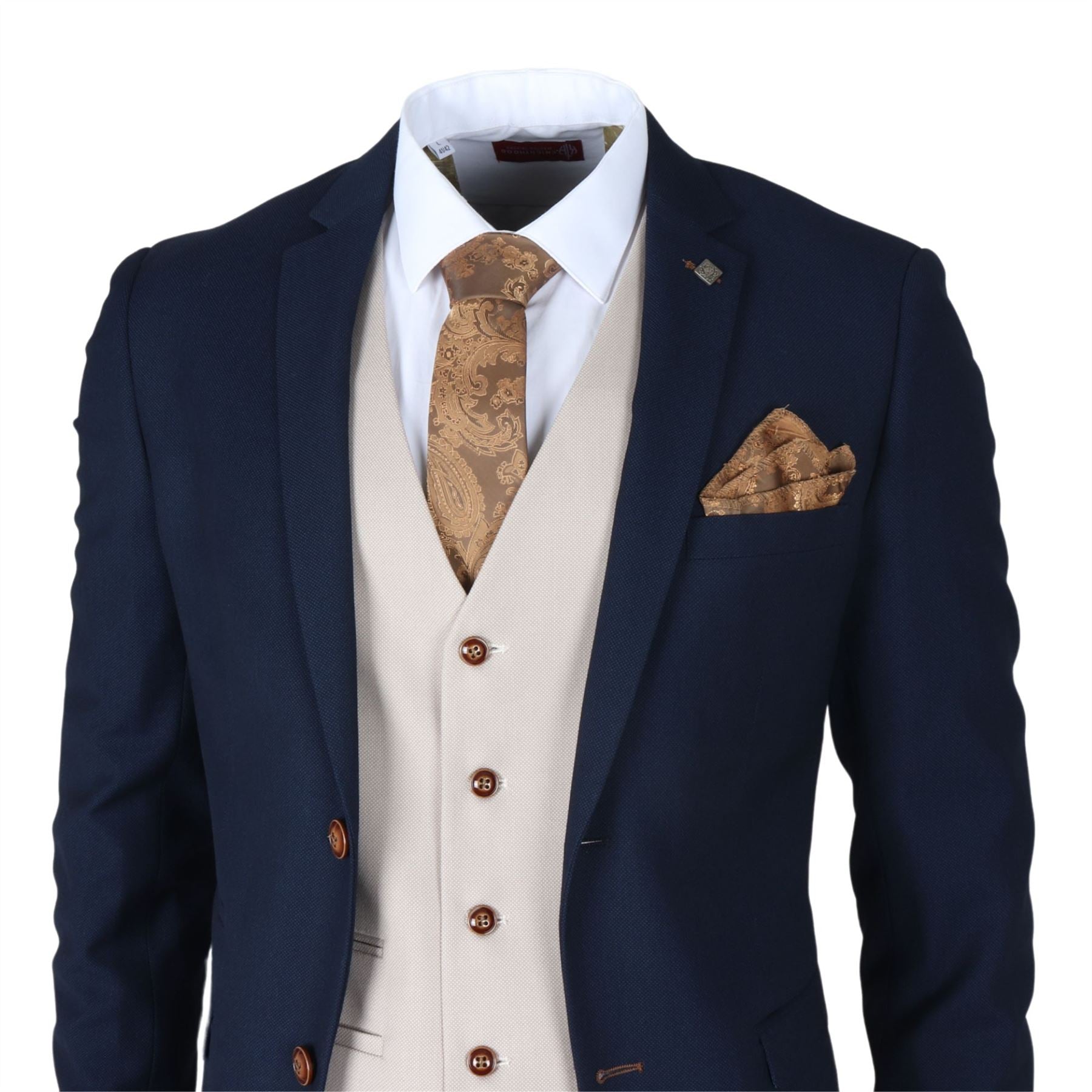 Men's Suit Navy Cream 3 Piece Classic Birdseye Wedding Grooms