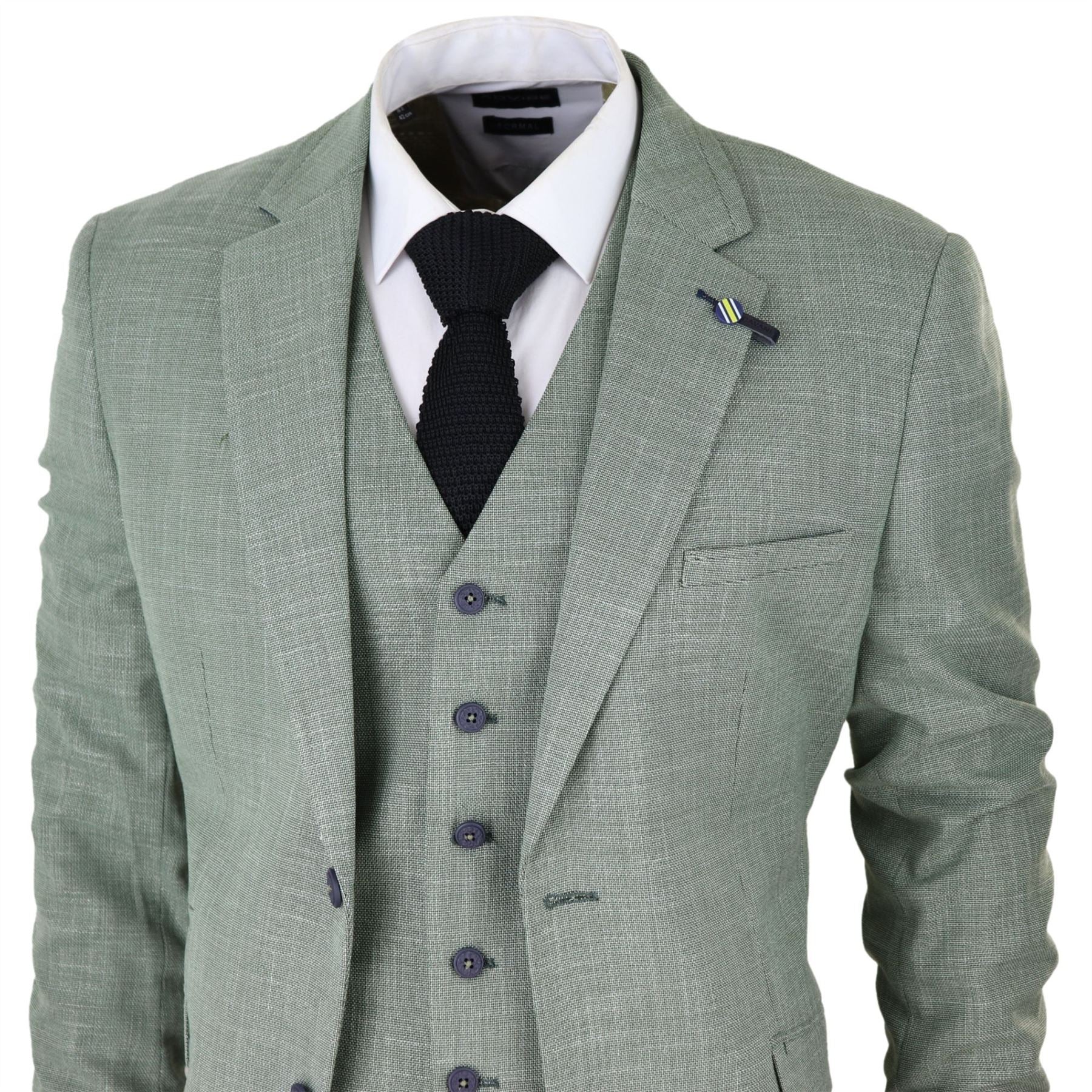 Mens 3 Piece Suit Sage Green Summer Linen Tailored Fit Wedding Prom Classic