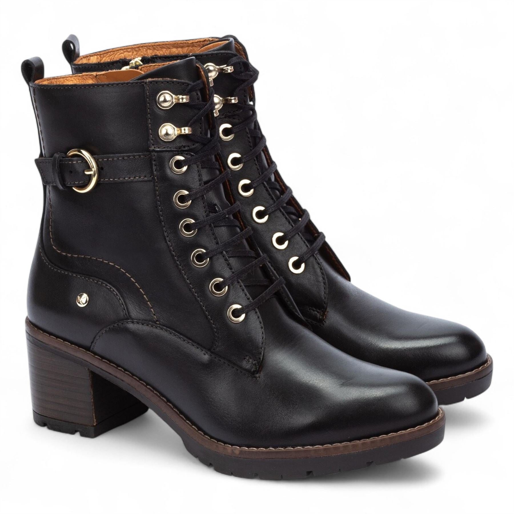 Llanes - Women’s Black Leather Mid-Heel Combat Ankle Boots