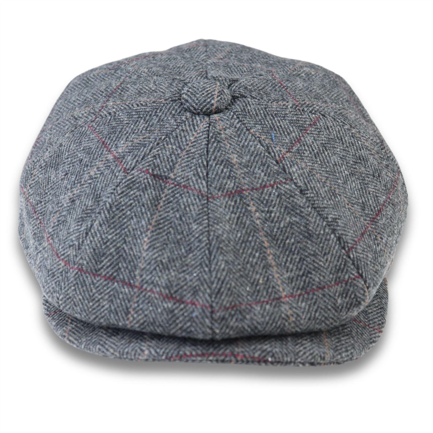 Men's Flat Cap Wool Blend Tweed Herringbone Grey Check Newsboy Baker Boy 8 Panel Hat - Knighthood Store