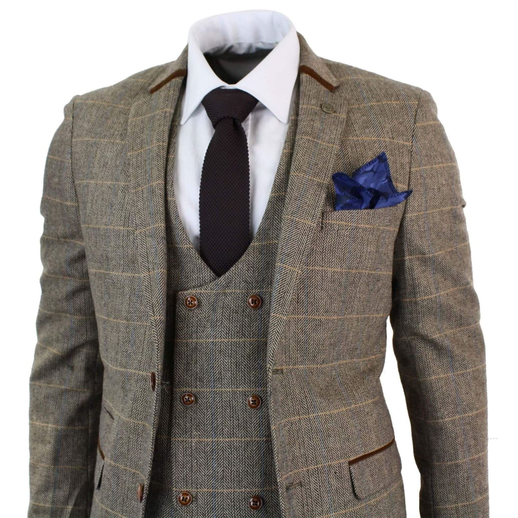 Mens 3 Piece Herringbone Tweed Tan Brown Check Suit Tailored Fit Double Classic
