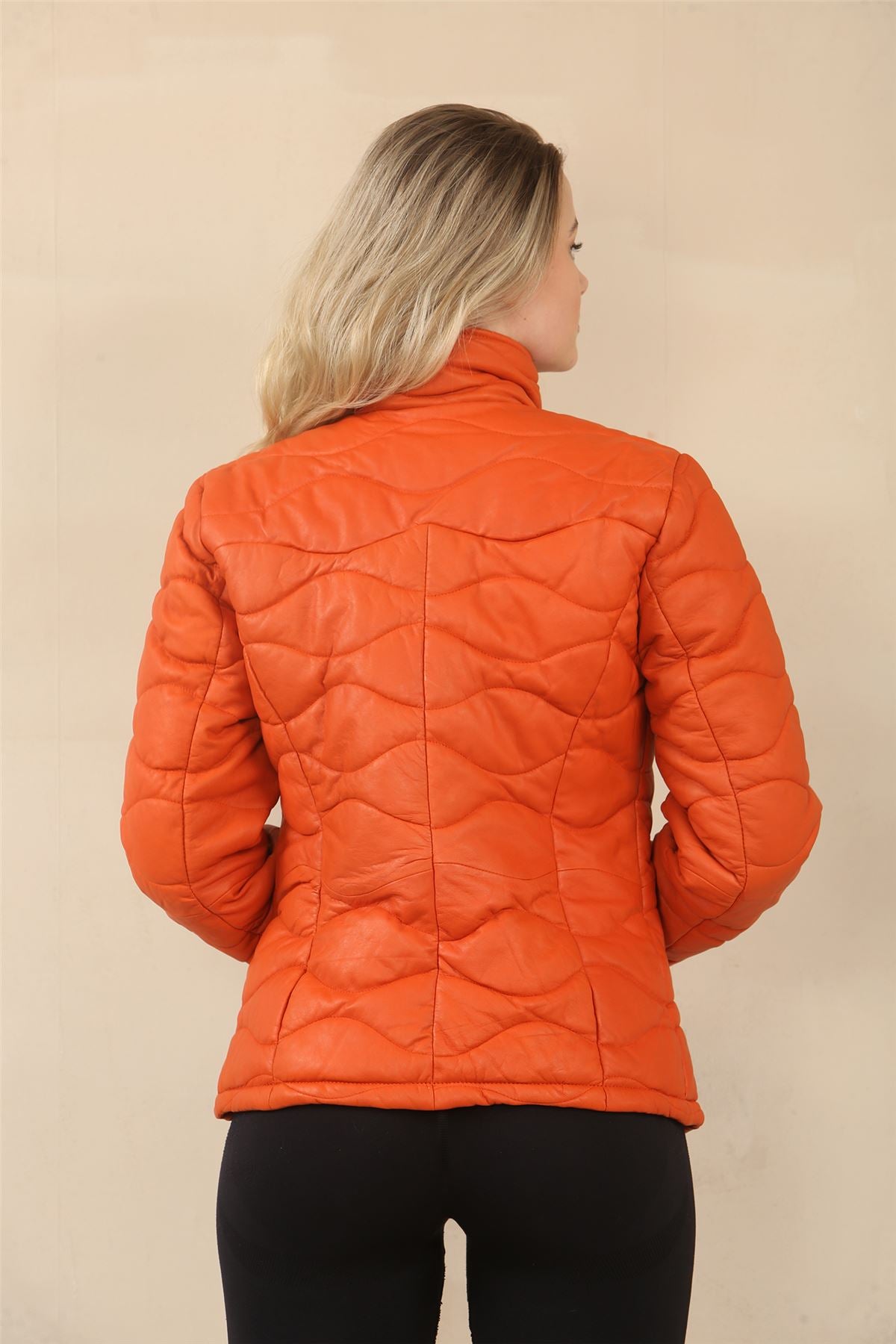 Women's Puffer Quilted Mid Length Leather Jacket