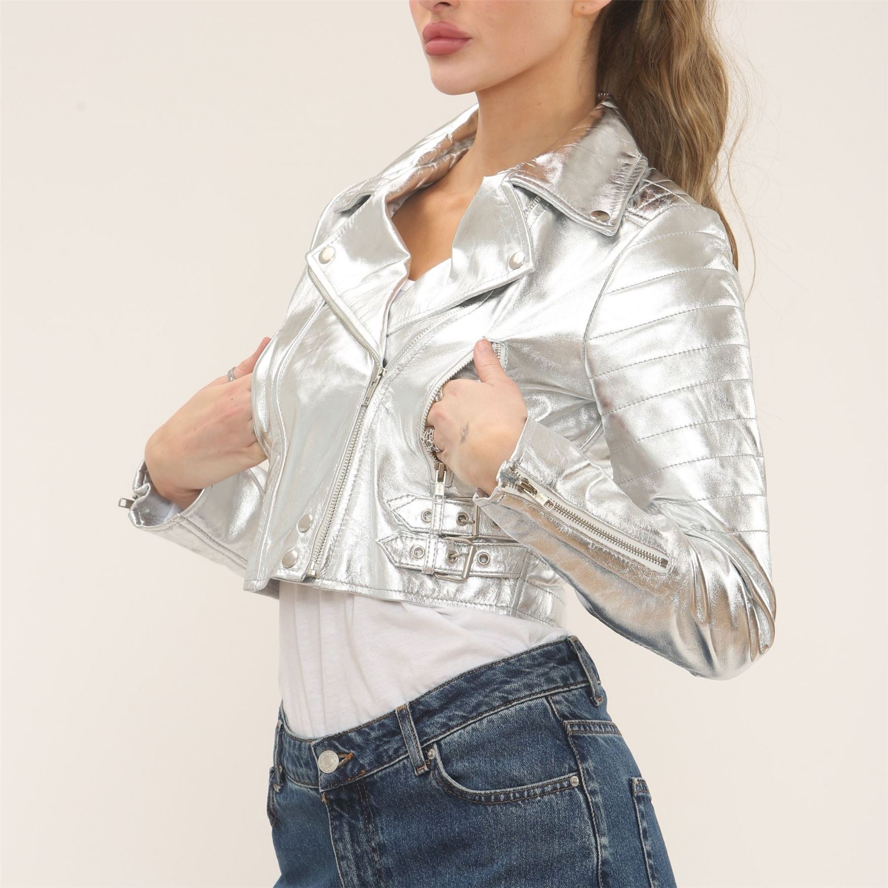 Women's Real Leather Short Cropped Length Biker Jacket