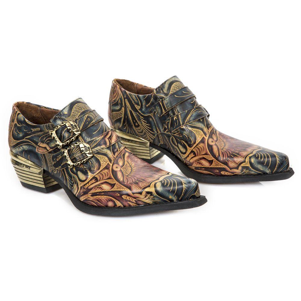 New Rock M-7960-s14 Embossed Vintage Shoes Black Leather Buckle Steel Heel - Knighthood Store