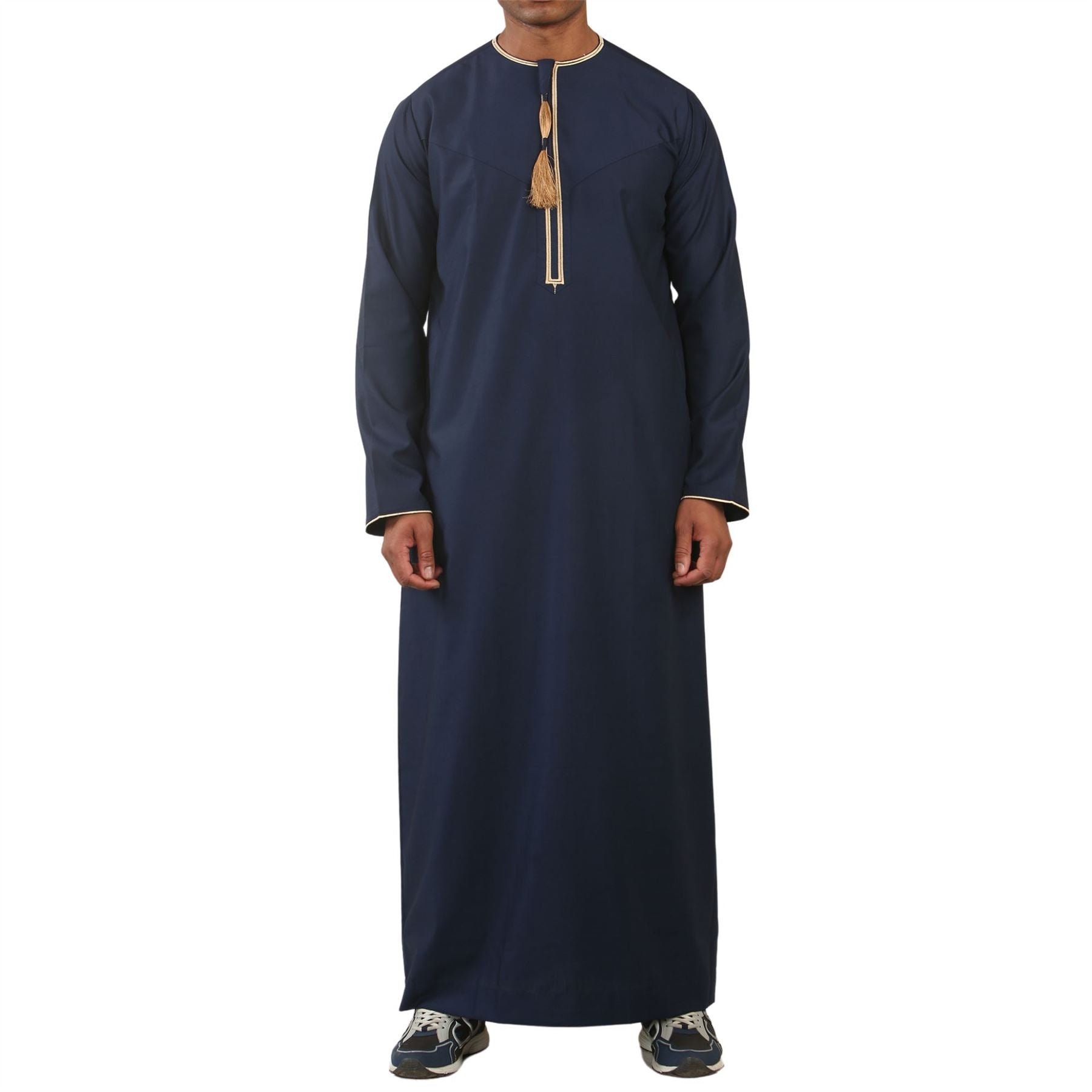 Men's Thobe Emirati Omani Jubba Islamic Clothing Muslim Kaftan Eid Robe Arab Gold Tassel Embroidery