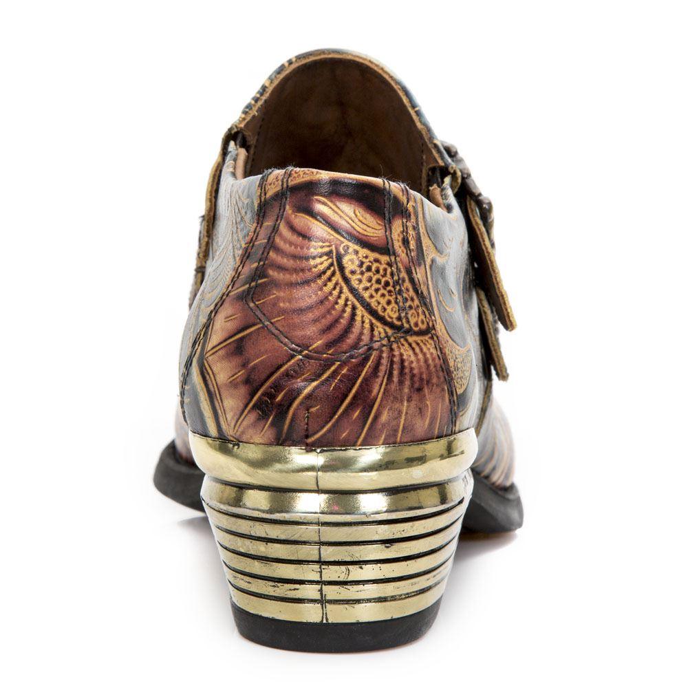 New Rock M-7960-s14 Embossed Vintage Shoes Black Leather Buckle Steel Heel - Knighthood Store