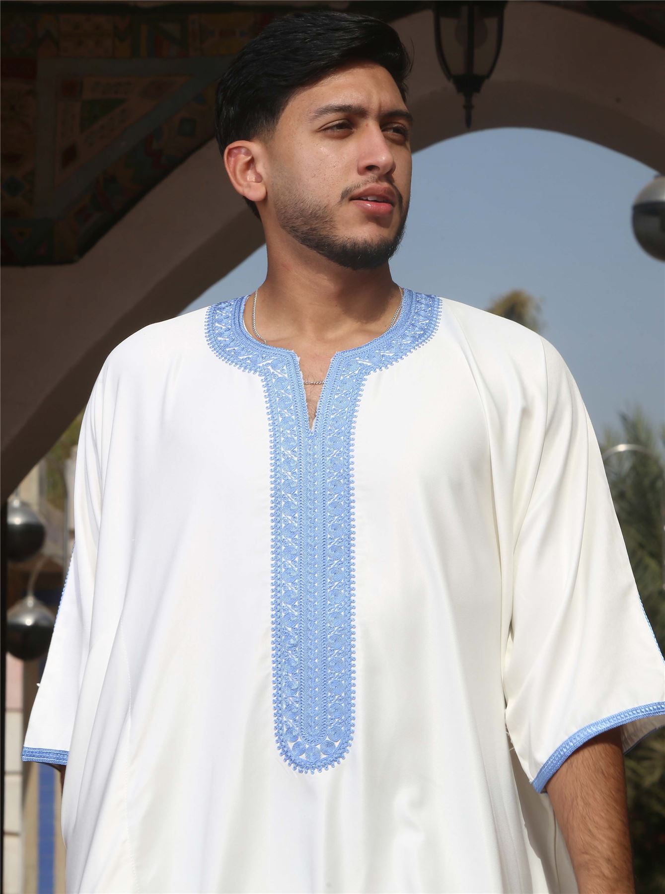Men's Moroccan Thobe Gandoura Short Sleeve Jubba Kaftan Eid Robe Arab Embroidery