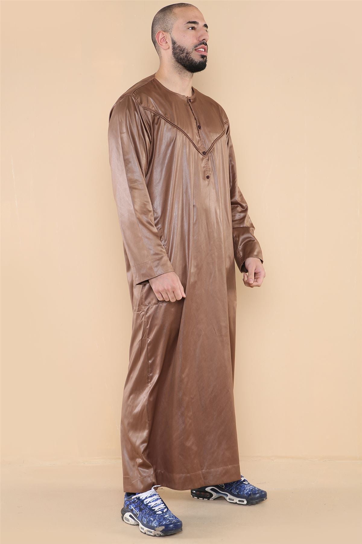 Mens Thobe Jubba Islamic Clothing Muslim Kaftan Emirati Omani Robe Satin Shiny