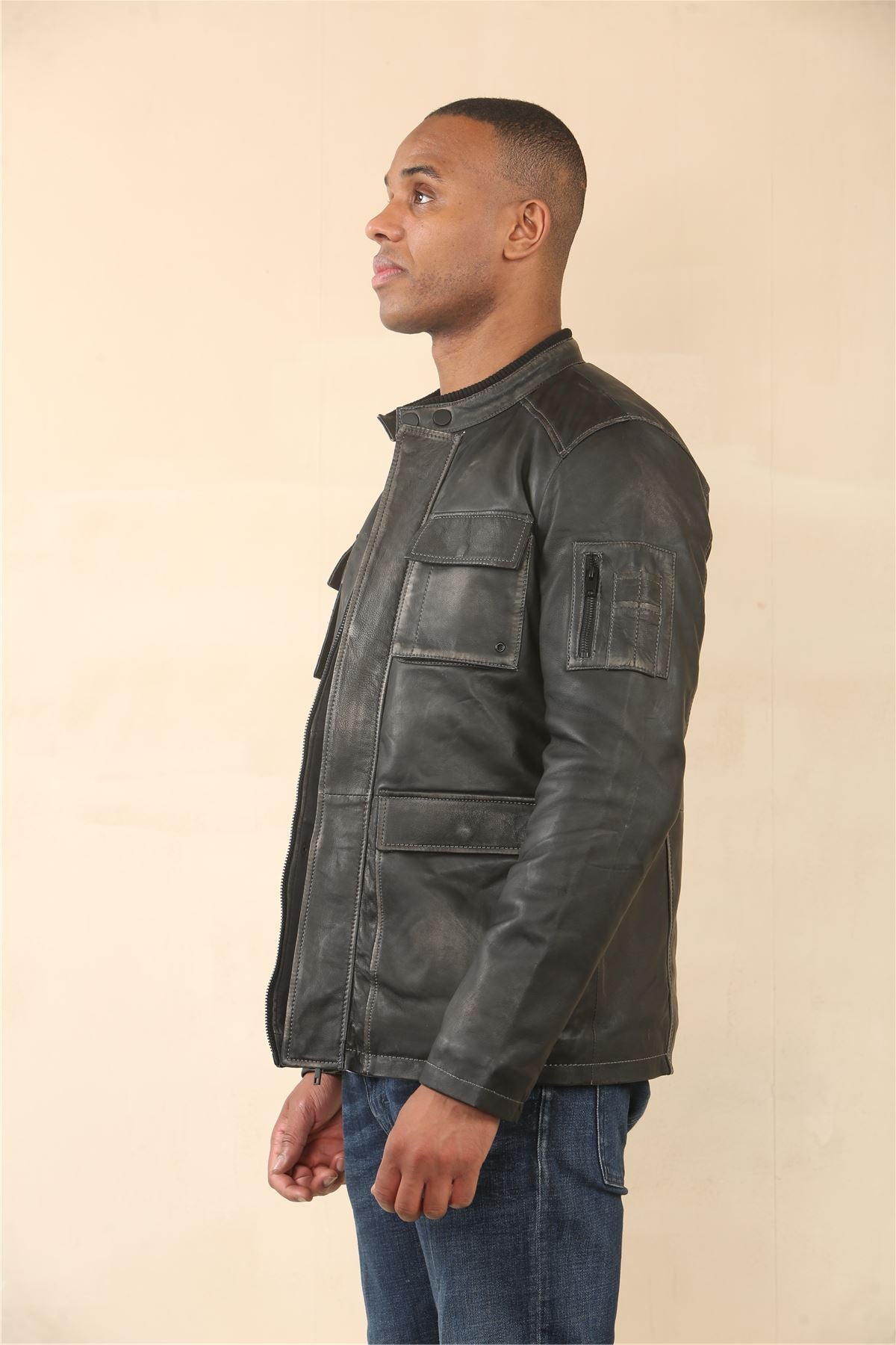 Men's Vintage Black Leather Safari Parka Jacket