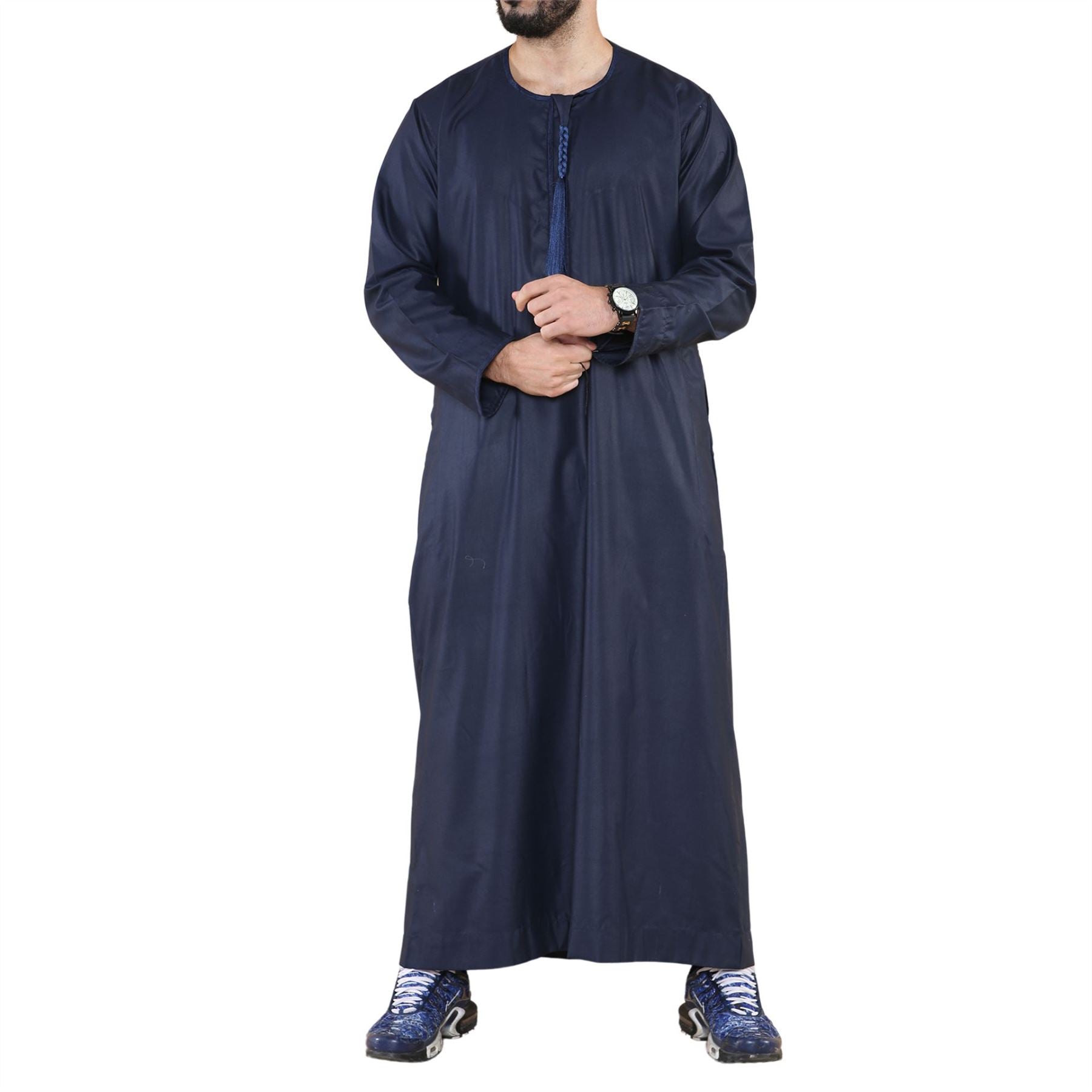 Mens Thobe Jubba Islamic Clothing Muslim Kaftan Emirati Omani Robe Arab Tassel