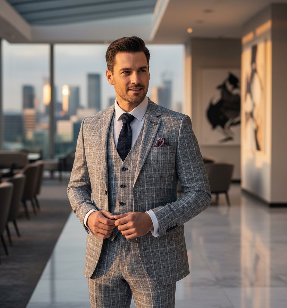 IM11 - Men's Light Blue 3 Piece Plaid Check Suit