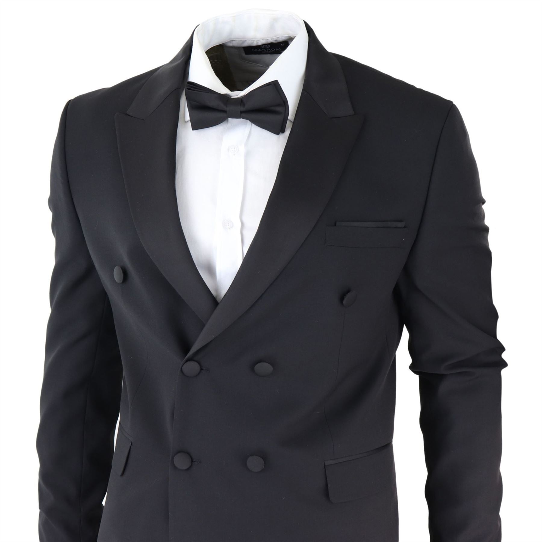 Mens Double Breasted Black Tuxedo Suit Dinner Jacket Stripe Trouser Tux Classic Satin