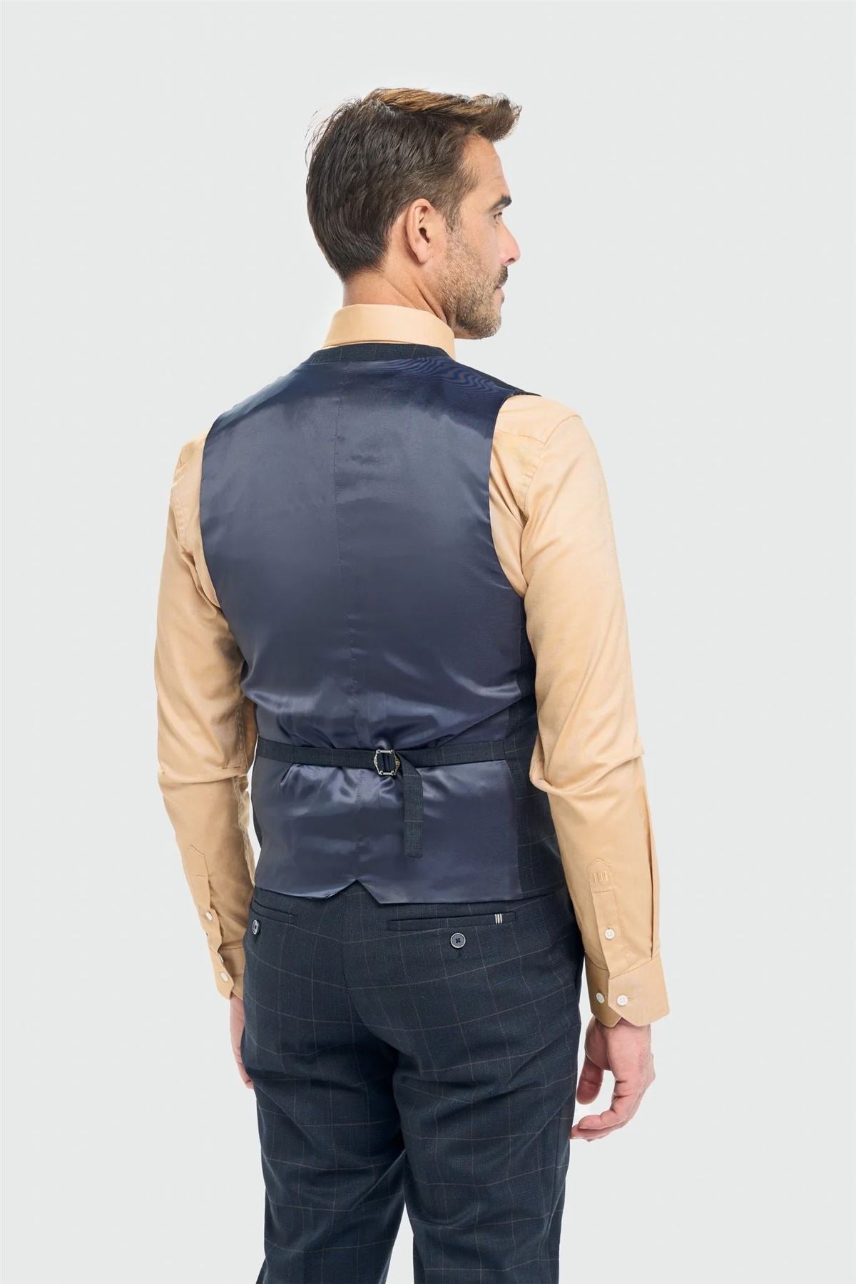 Men's Waistcoat Navy Check Tailored Fit Double Breasted Vest