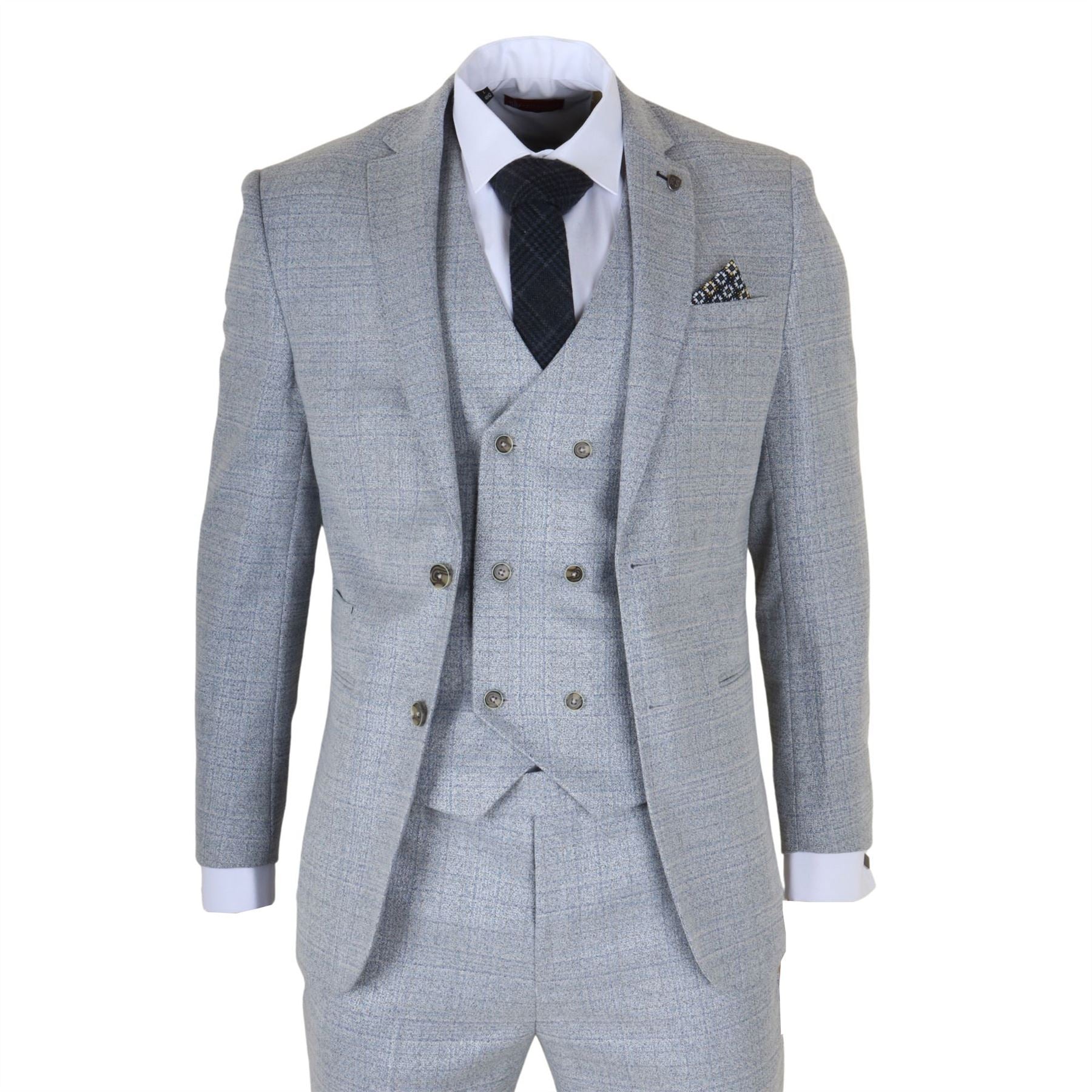 Luis - Men's Light Blue Plaid Check Slim Fit 3 Piece Suit