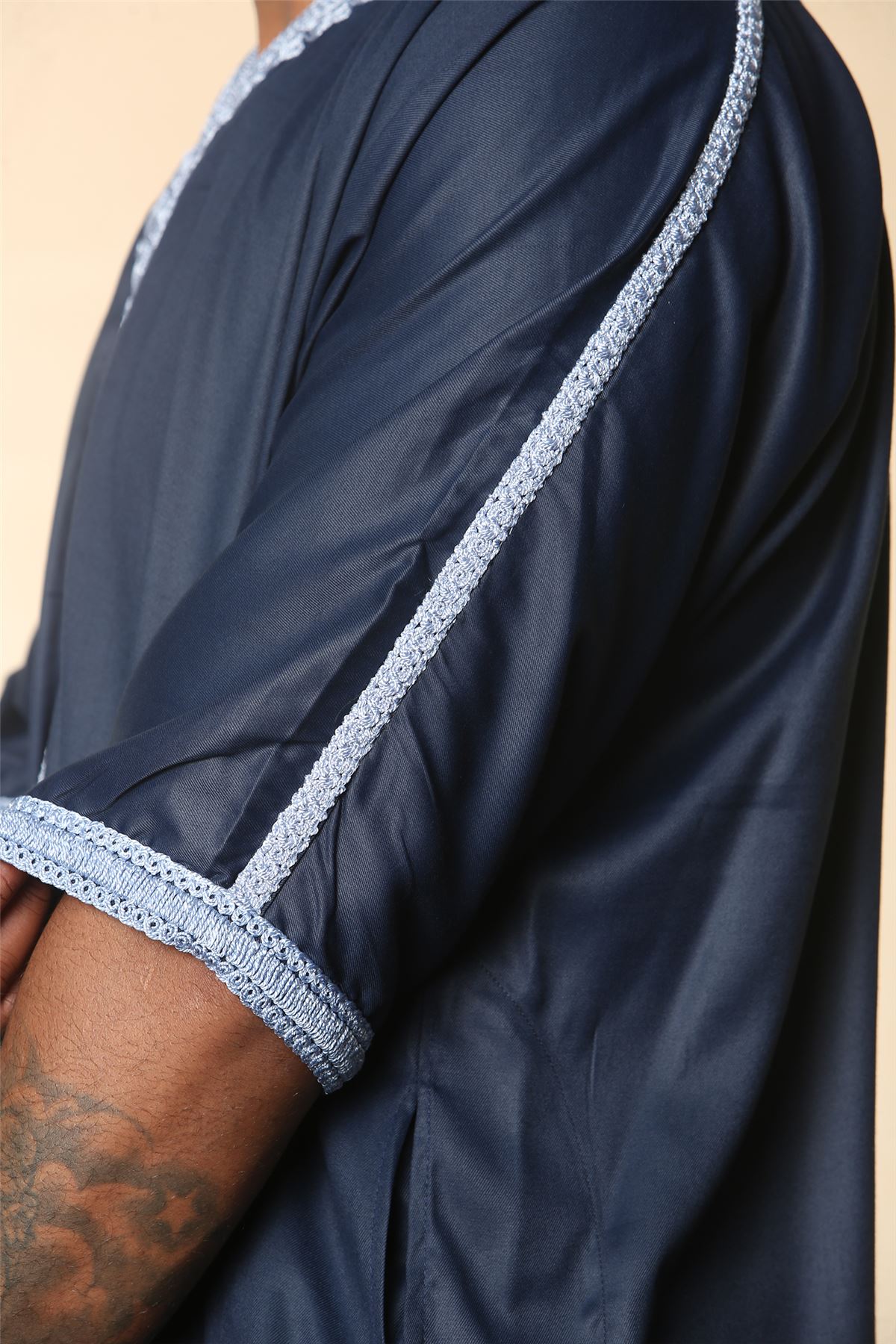 Men's Navy Moroccan Thobe Short Sleeve Gandoura Blue Embroidery Kaftan