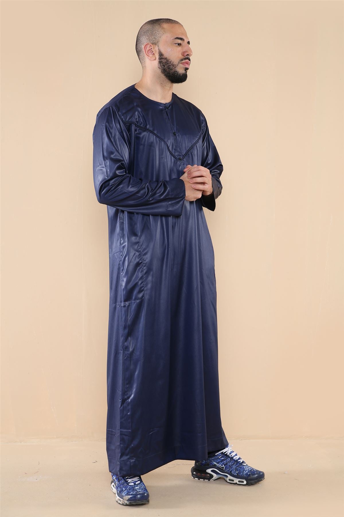 Mens Thobe Jubba Islamic Clothing Muslim Kaftan Emirati Omani Robe Satin Shiny