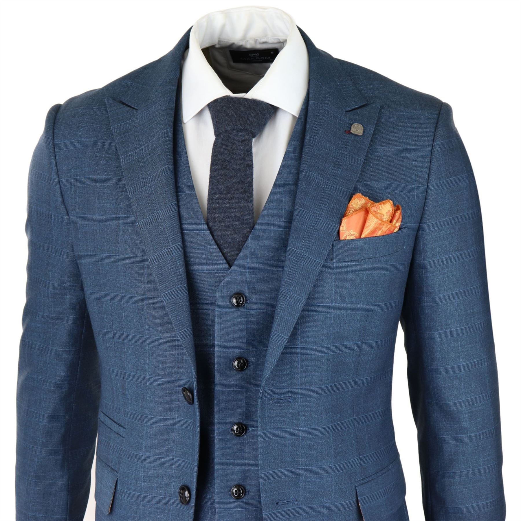 Mens 3 Piece Prince Of Wales Check Suit Blue Classic Light Tailored Fit Modern
