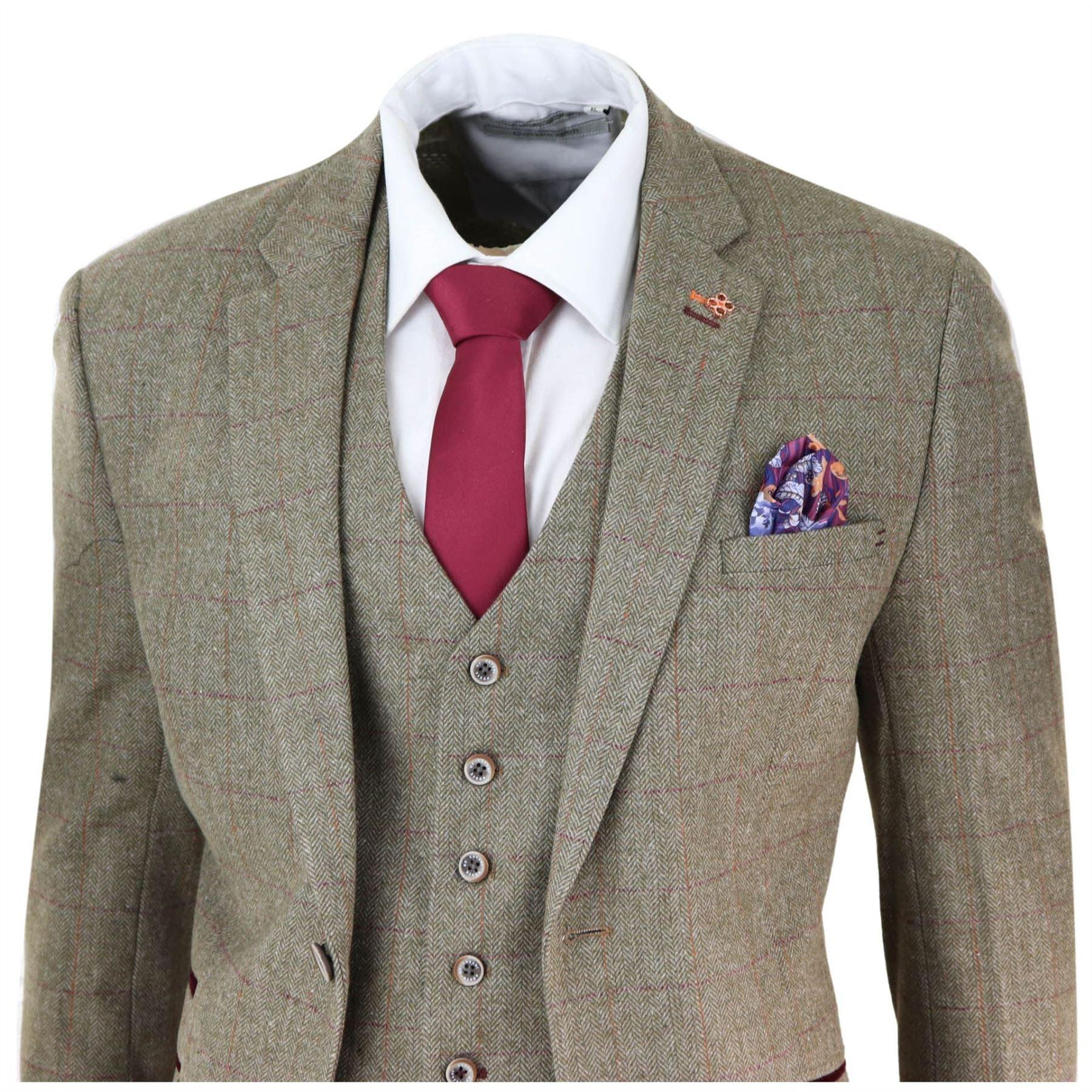 Mens Tweed Check Olive Green Wine Suit Tailored Fit Wedding - Knighthood Store