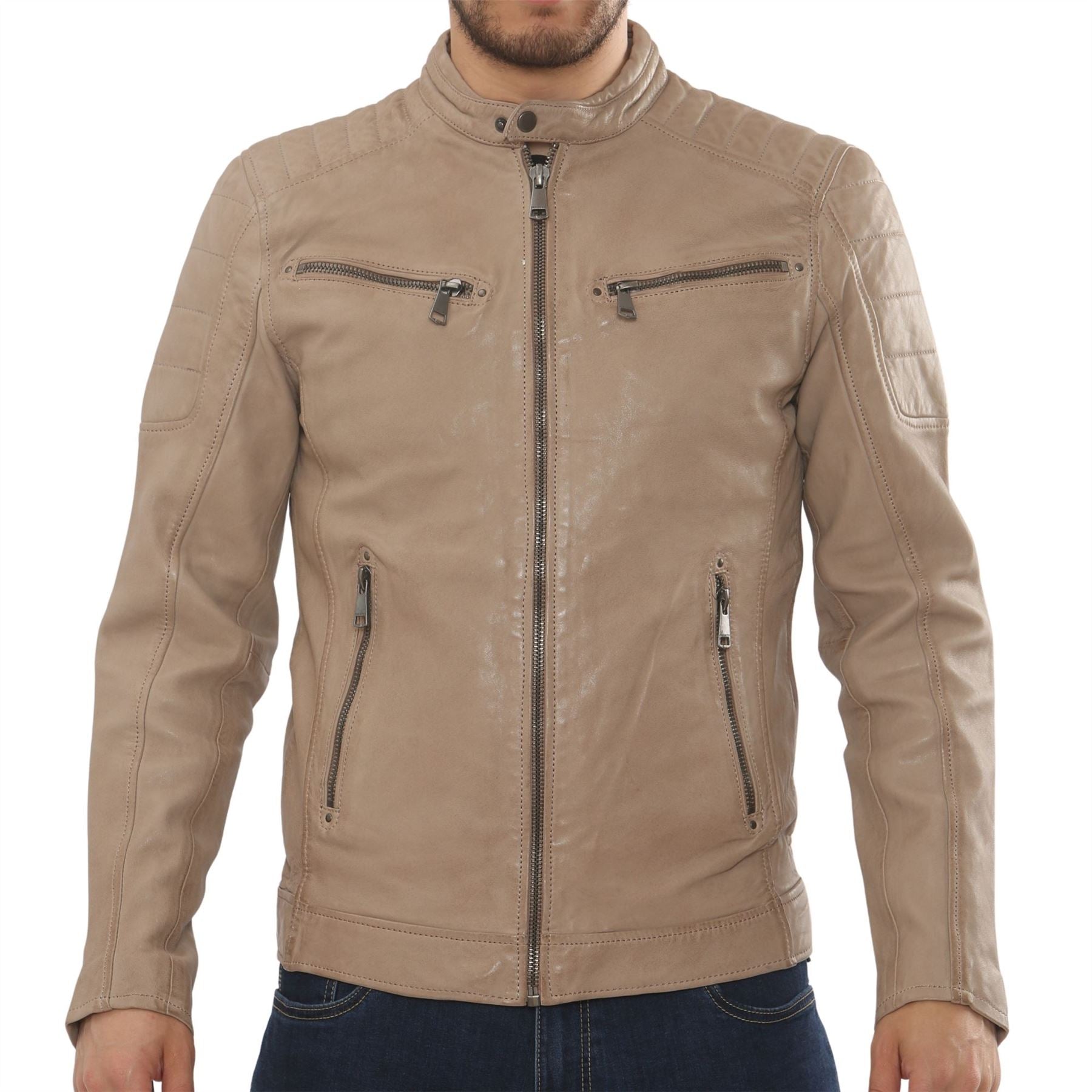 Men's Lambskin Leather Motorcycle Jacket Slim Fit Biker Coat