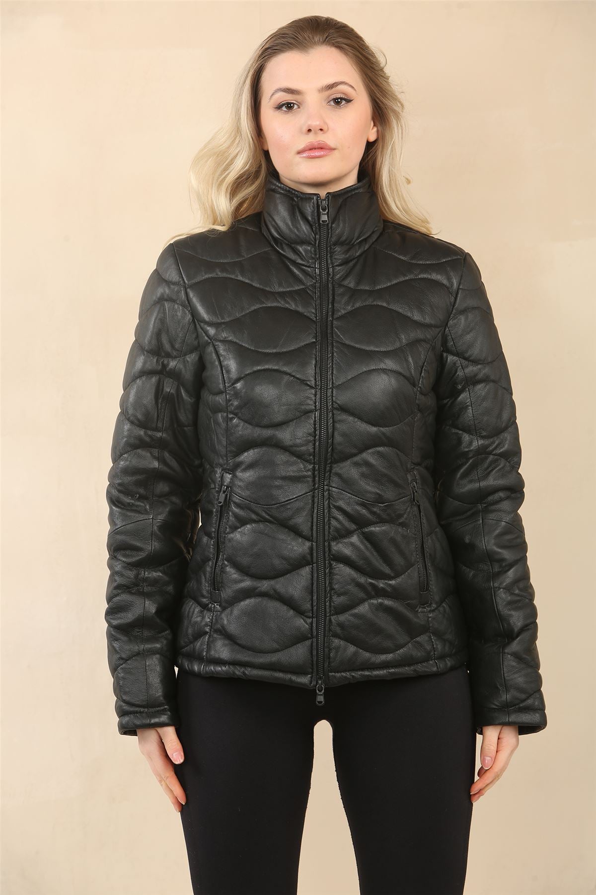 Women's Puffer Quilted Mid Length Leather Jacket