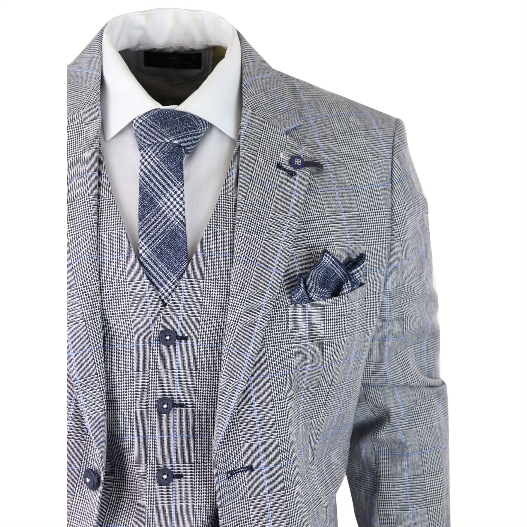 Mens 3 Piece Summer Suit Grey Check Blue Black Tailored Fit Classic Wedding Formal