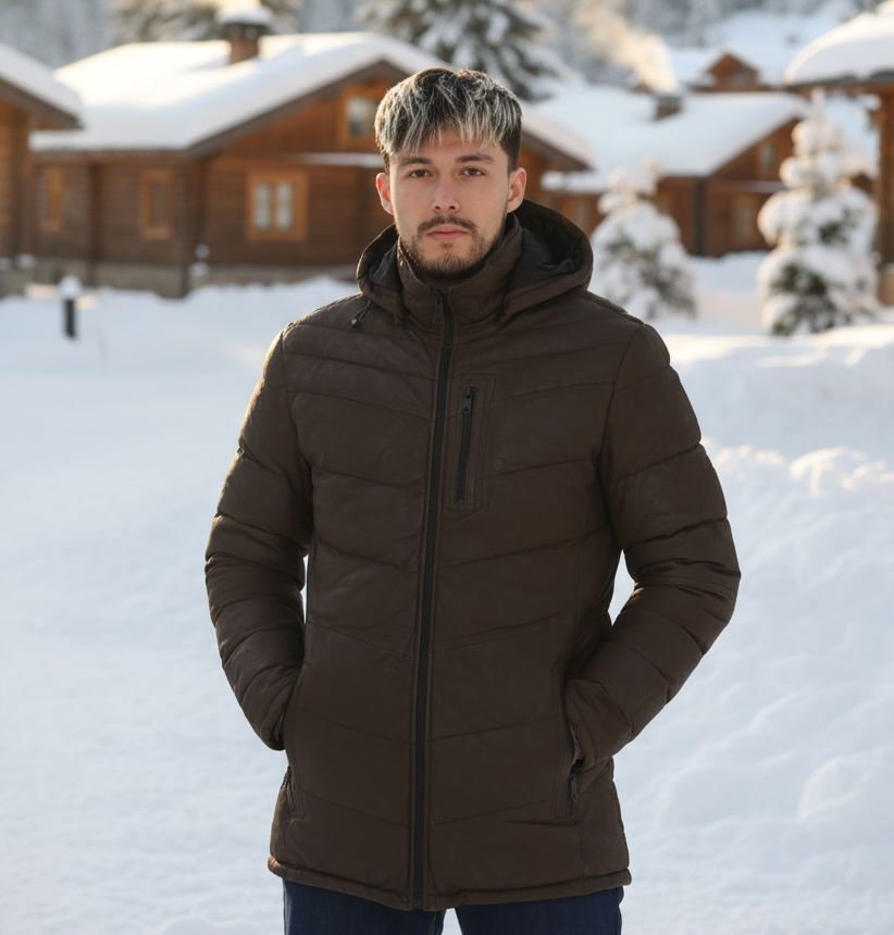 Men's Leather Puffer Jacket Hooded Quilted Winter Coat