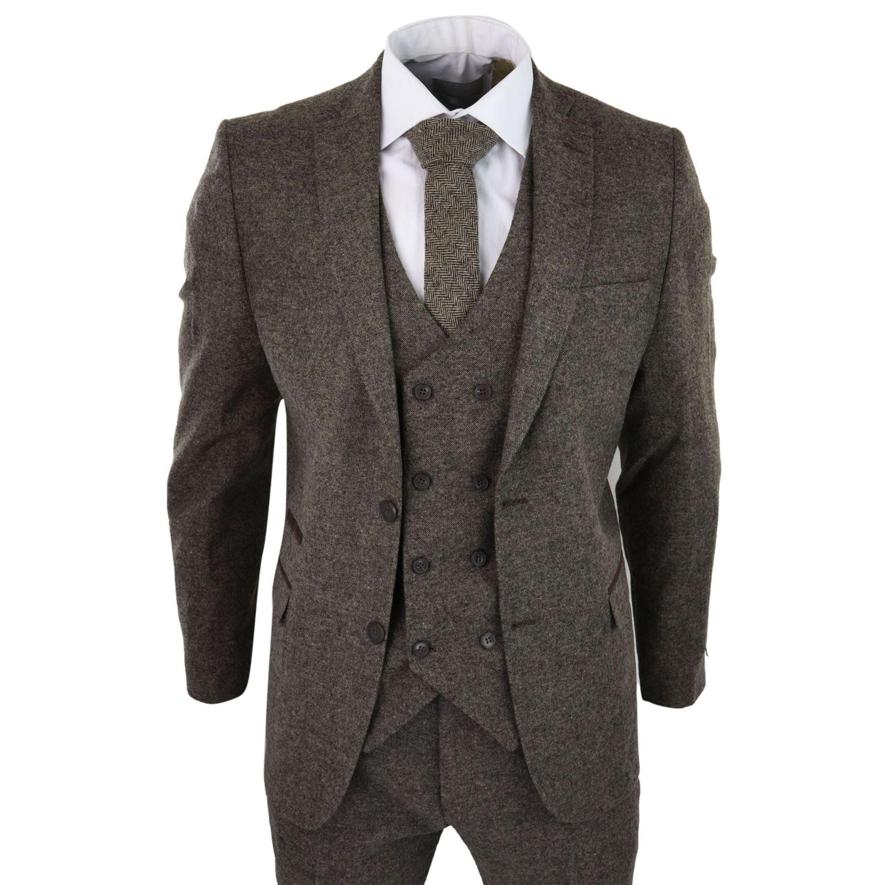 Mens Wool 3 Piece Suit Double Breast Waistcoat Tweed Blinders Classic 1920s Oak - Knighthood Store