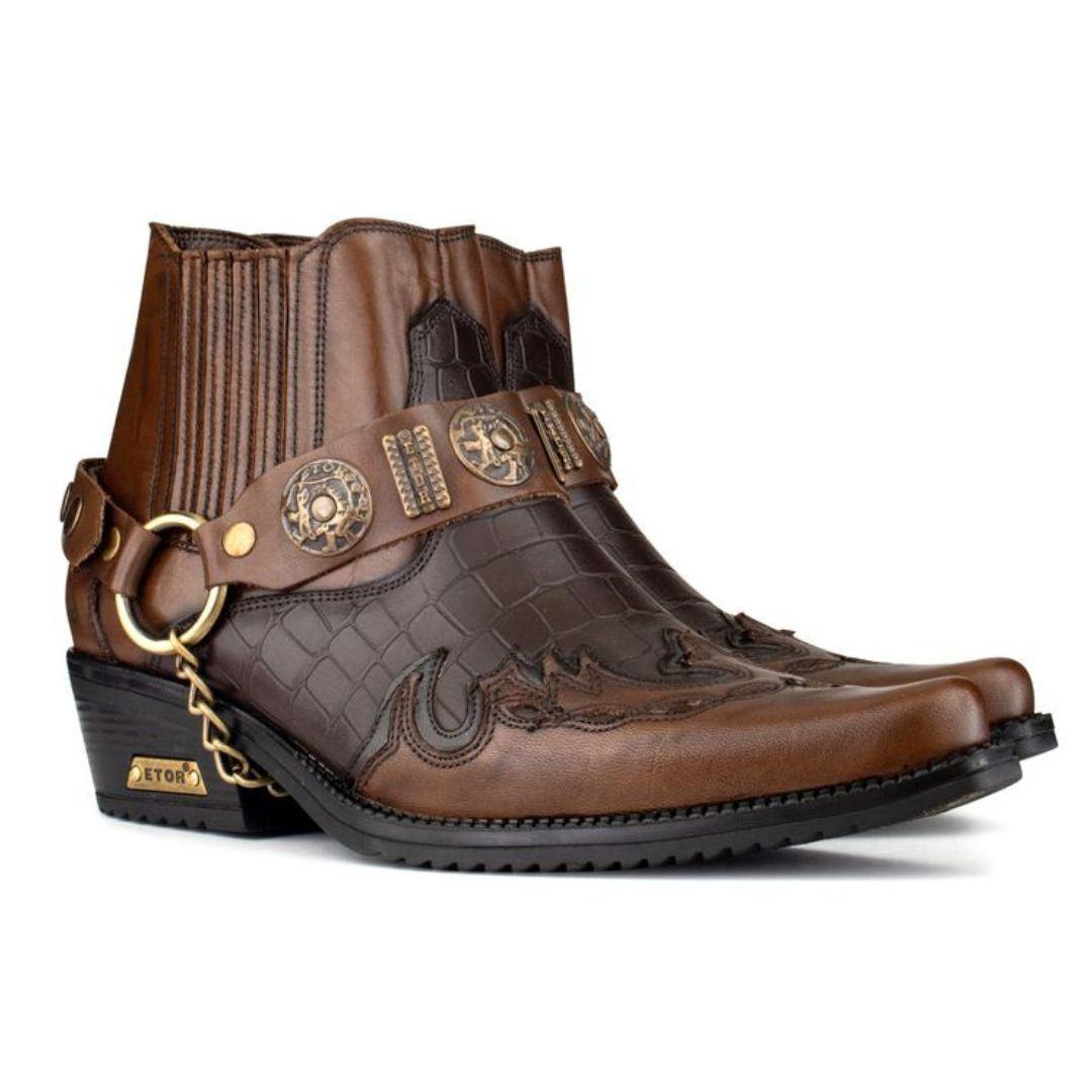 Mens Real Leather Crocodile Cowboy Ankle Boots Chain Western Cuban Heel Dancing - Knighthood Store