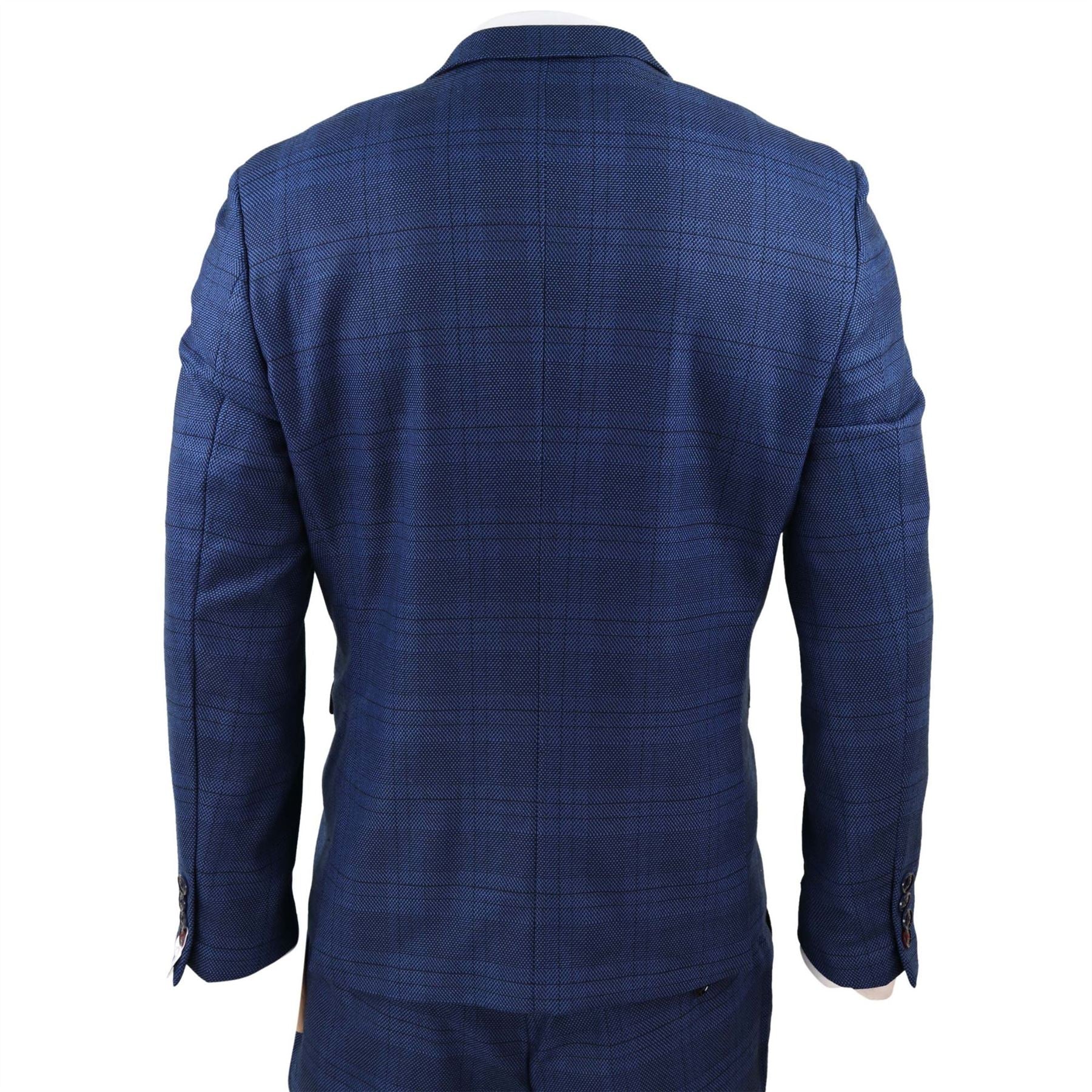 Mens Marc Darcy 3 Piece Suit Blue Prince Of Wales Black Check Vintage Retro