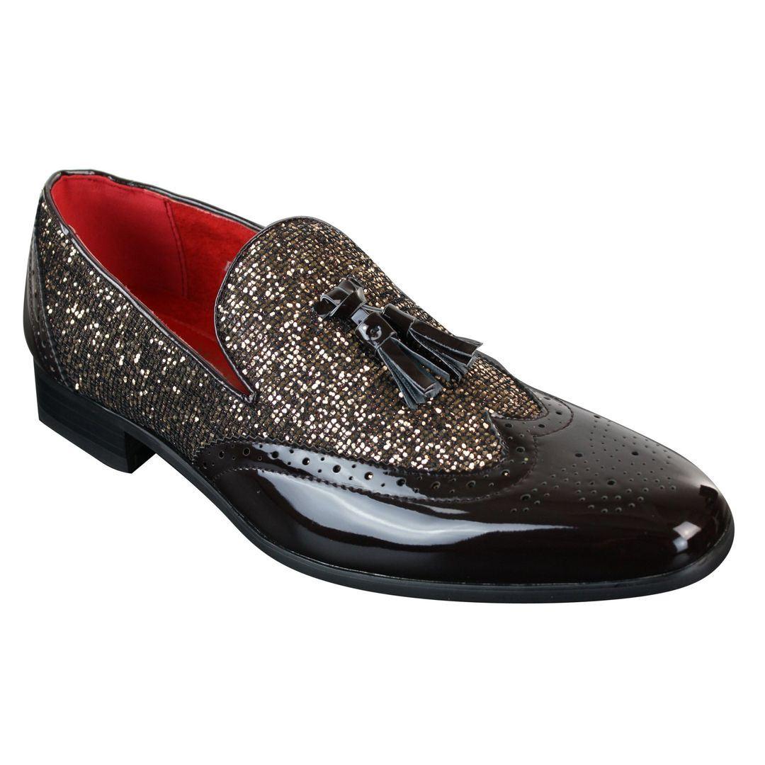 Mens Smart Party Shiny Tassle Shoes Red Silver Black Gold Slip On Patent Leather - Knighthood Store