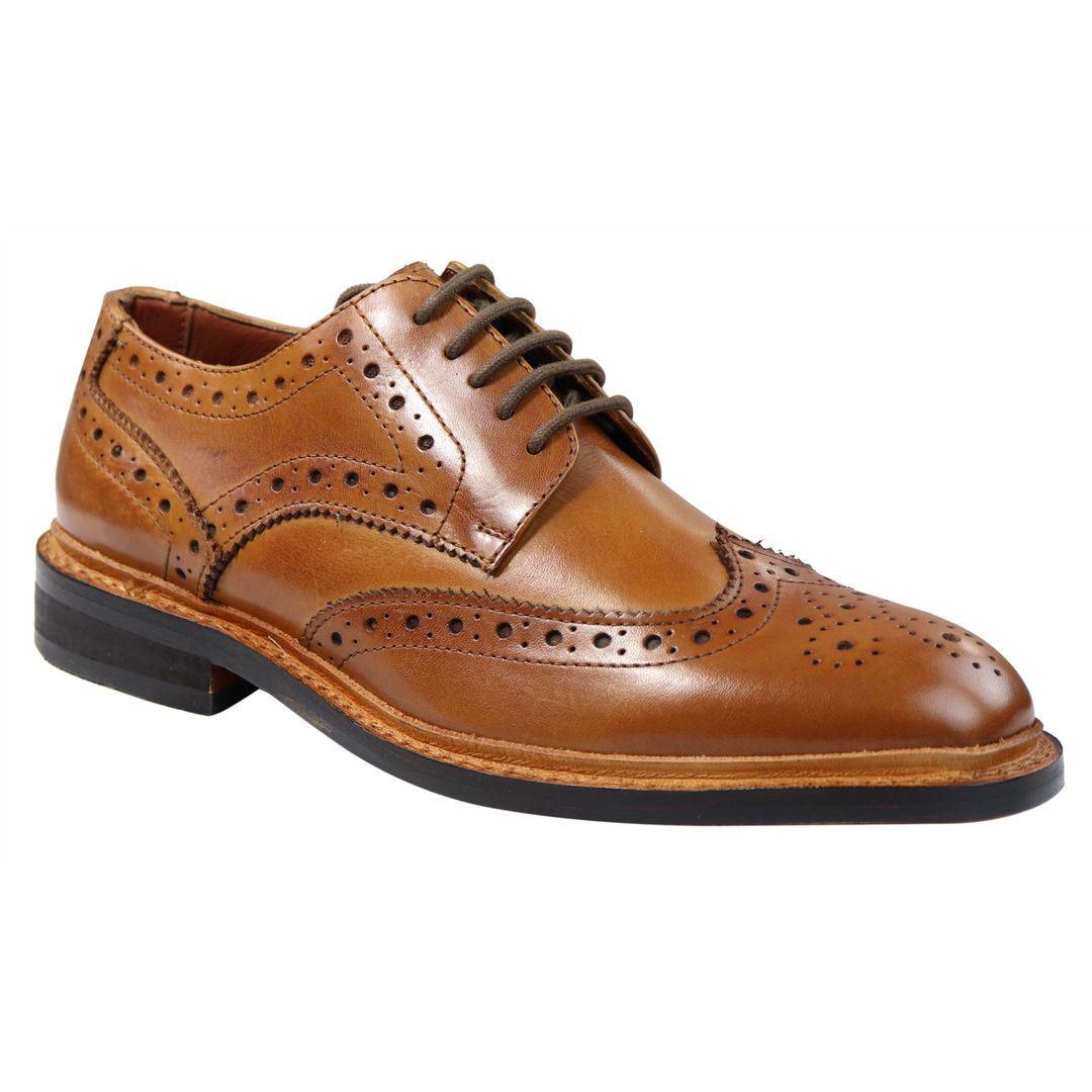 Mens Oxford Brogue Shoes Laced Leather Goodyear Welted Tan Brown Burgundy - Knighthood Store