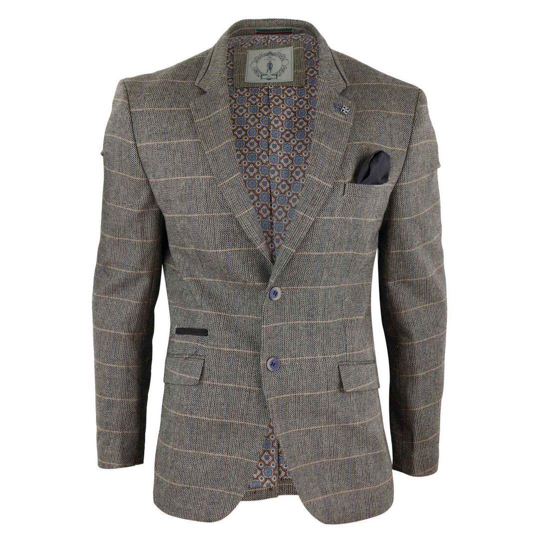 Mens Oak Brown Vintage Check Herringbone Tweed Blazer Jacket or Waistcoat Retro - Knighthood Store