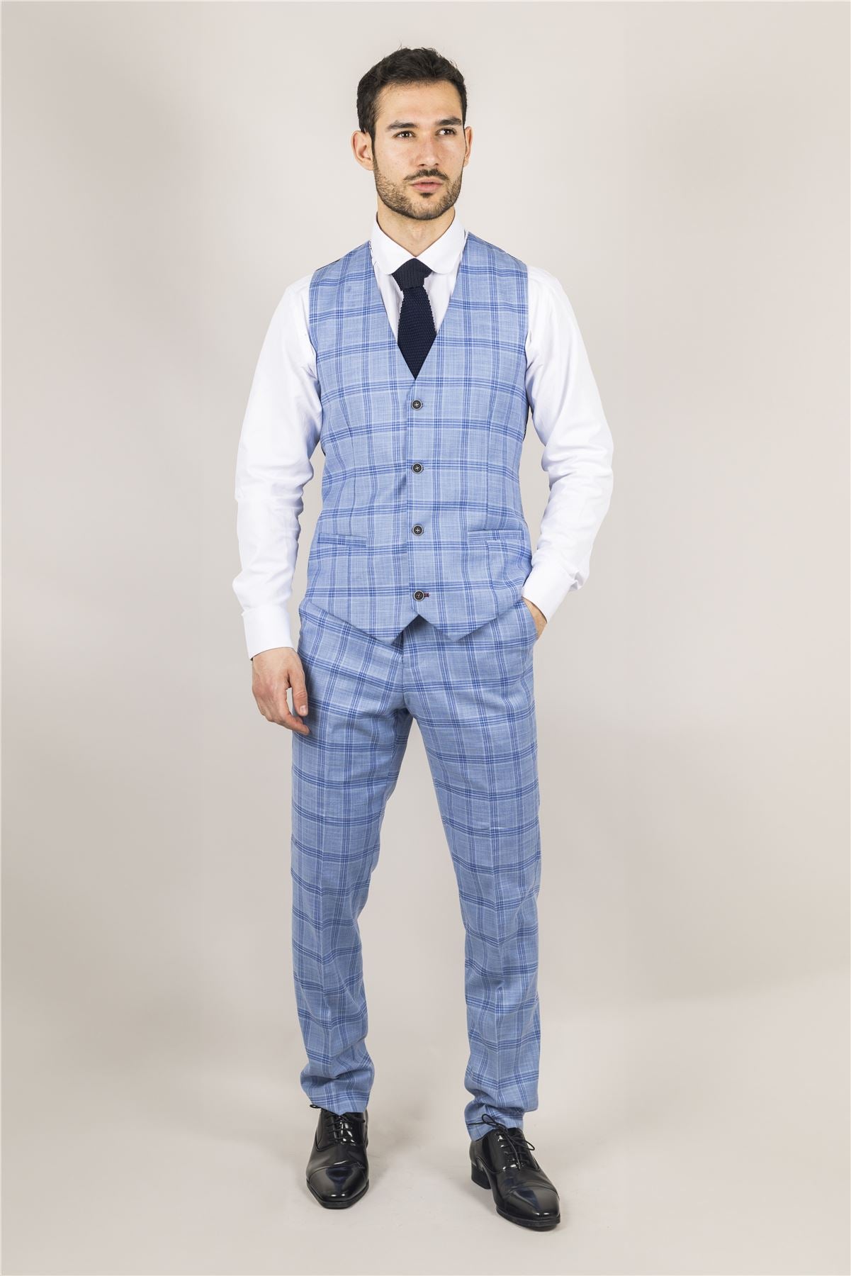 Men's Suit 3 Piece Light Blue Checked Classic Plaid Tailored Fit Formal Dress