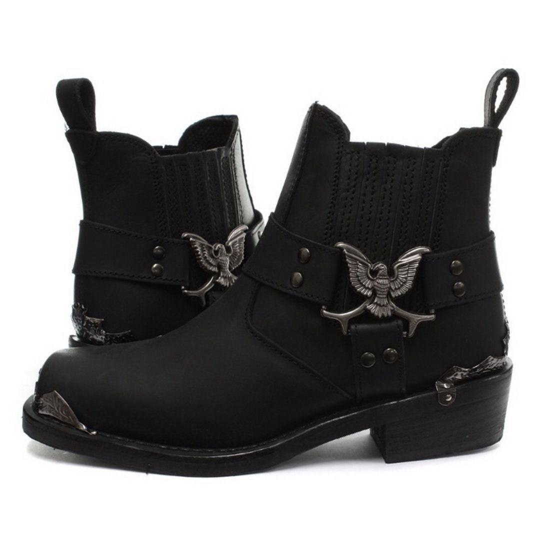 Mens Real Leather Lo Biker Boots Rock Punk Grinders Eagle Buckle Metal Toe - Knighthood Store