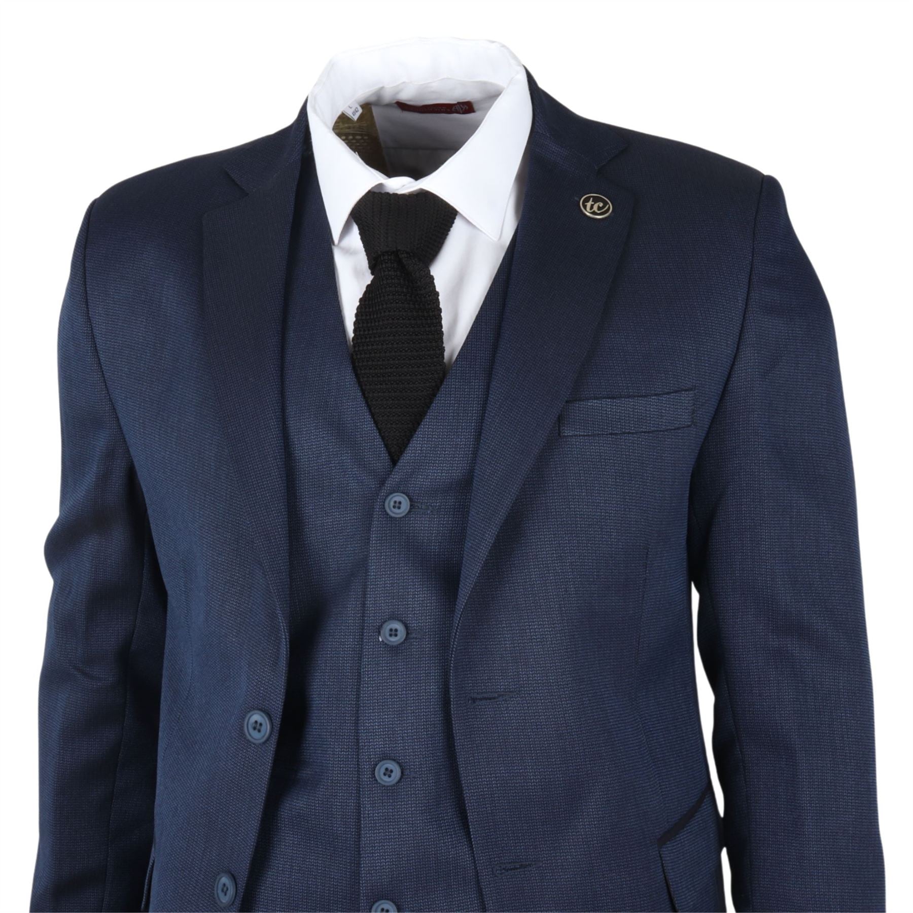 Men's Suit 3 Piece Navy Blue Classic Birdseye Wedding Formal Dress