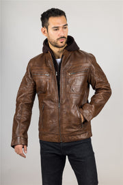 Men's Brown Hooded Genuine Leather Motorcycle Biker Jacket