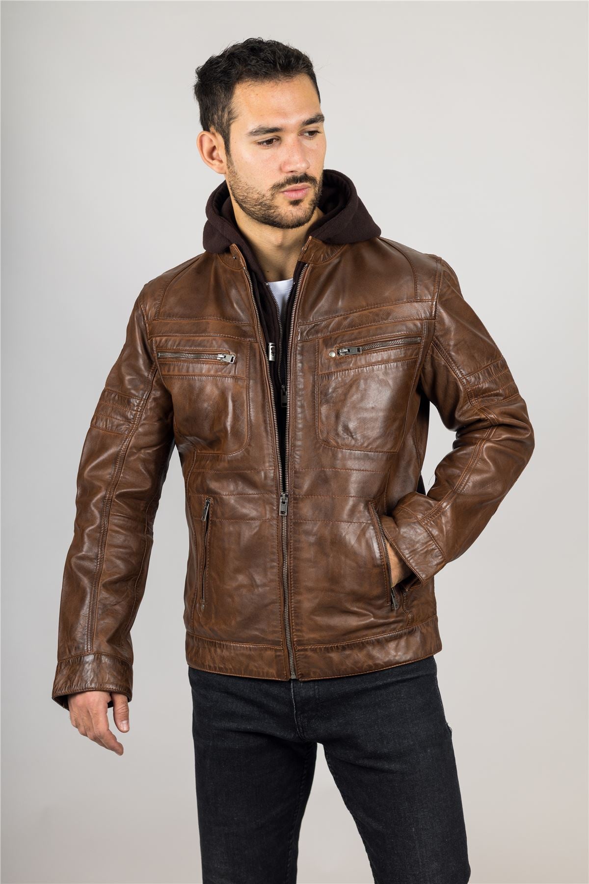 Men's Brown Hooded Genuine Leather Motorcycle Biker Jacket