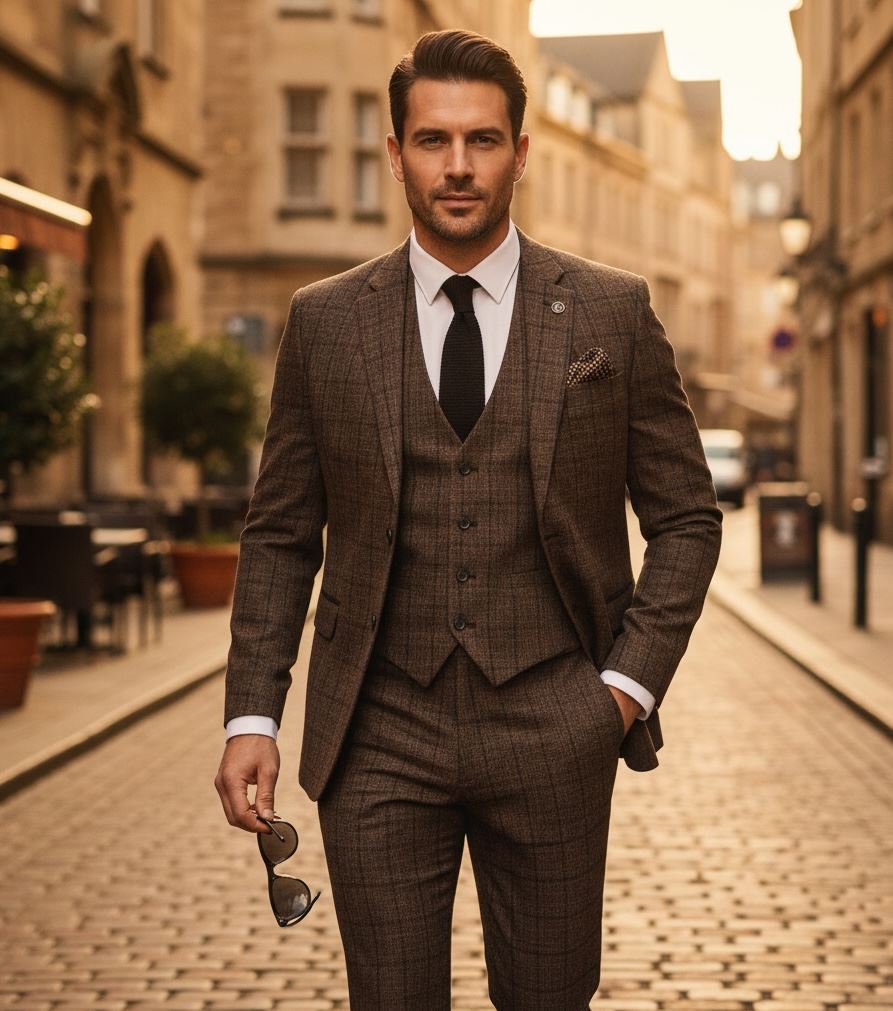 IM11 - Men's Dark Brown 3 Piece Plaid Check Suit