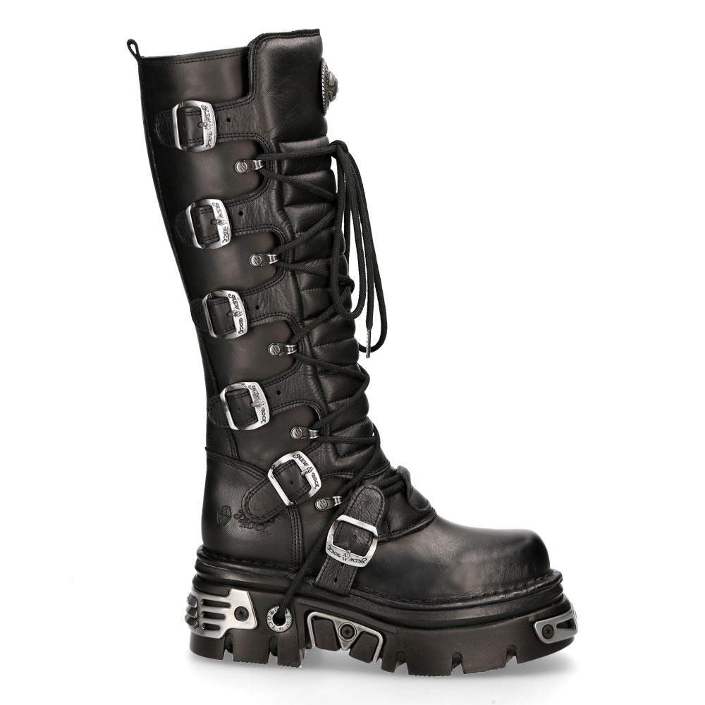 New Rock 272 Metallic Black Goth Knee High Zip Leather Buckle Boots Punk Emo - Knighthood Store