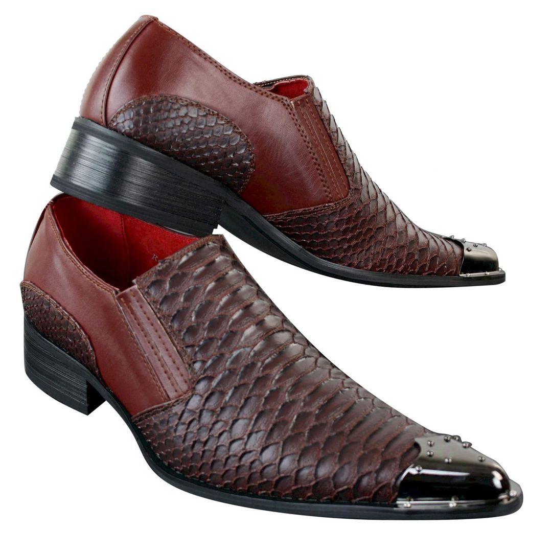 Mens Western Pointed Metal Toe Cowboy Shoes Crocodile Textured Leather Black Brown Grey - Knighthood Store