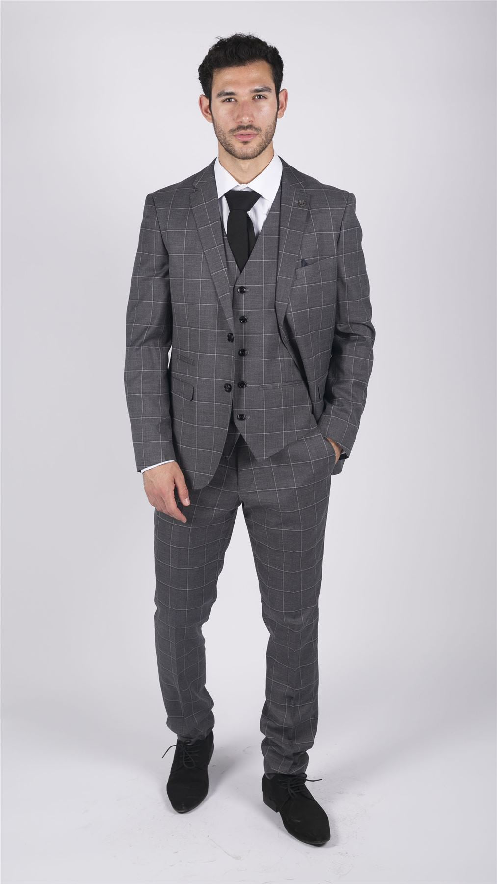 Mens Grey Check 3 Piece Suit Vintage Retro Smart Wedding Classic Tailored Fit Light