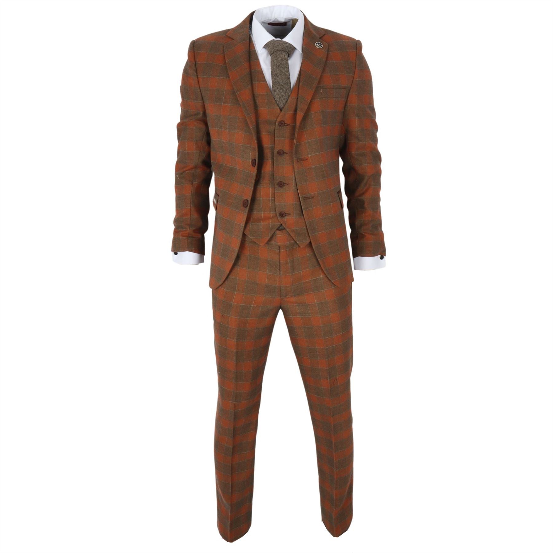 Men's Suit 3 Piece Brown Checkered Tailored Fit Classic Formal Dress