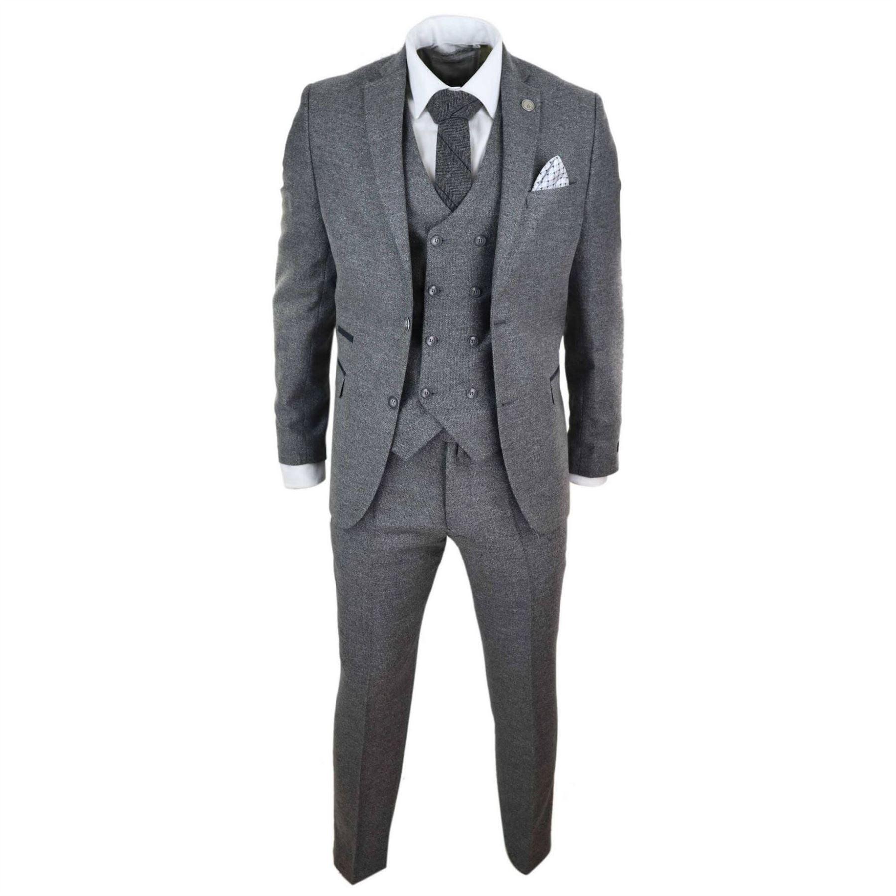 Mens Grey Wool 3 Piece Suit Double Breasted Waistcoat Tweed 1920s - Knighthood Store