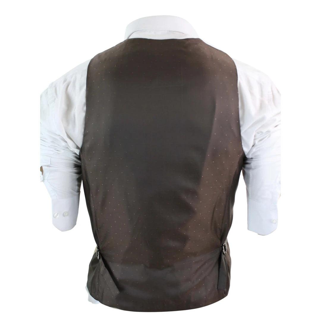 Mens Vintage Tweed Check Waistcoat Herringbone Tan Brown Grey Slim Fit Velvet Trim - Knighthood Store