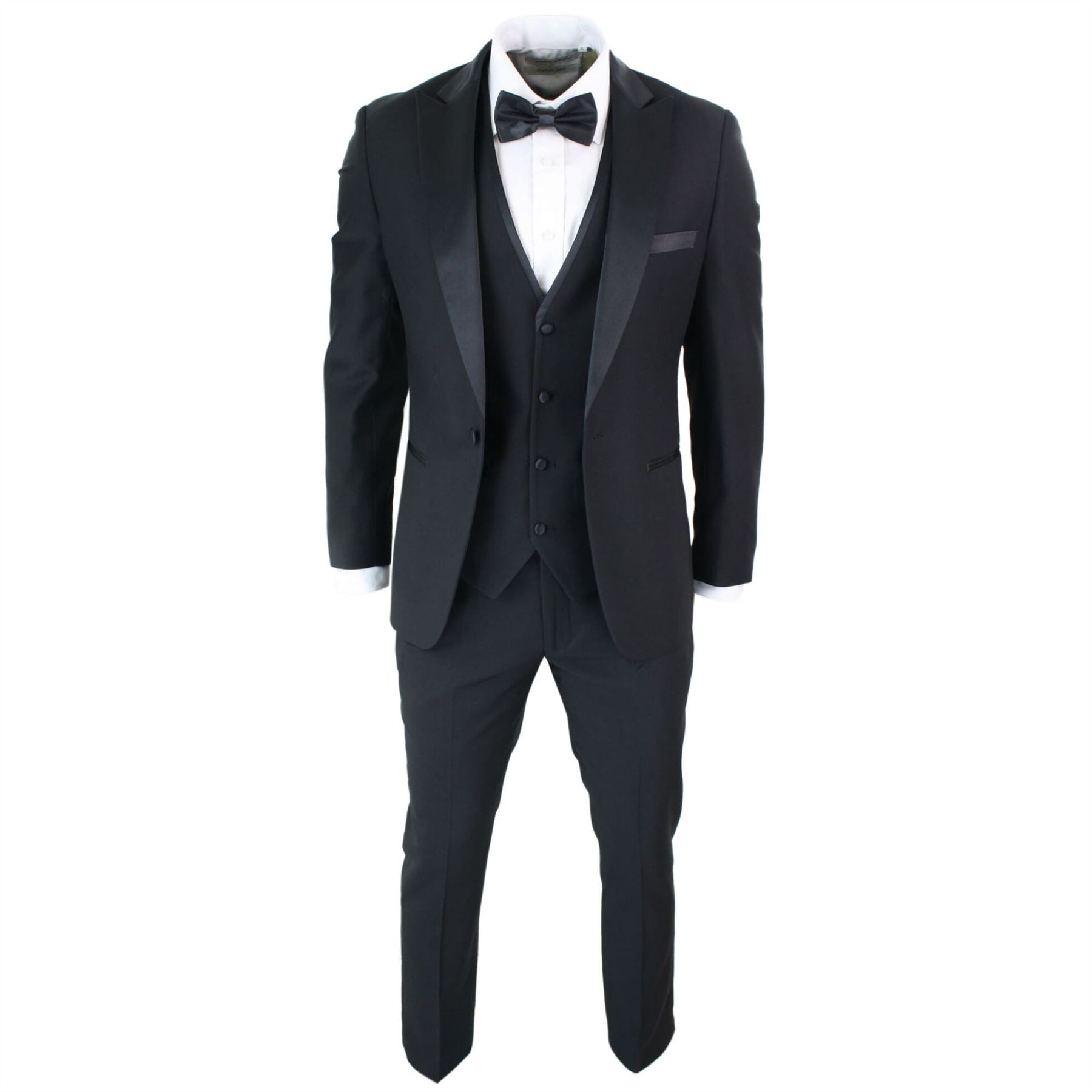 Mens 3 Piece Black Classic Satin Tuxedo Dinner Suit Tailored Fit Wedding Prom