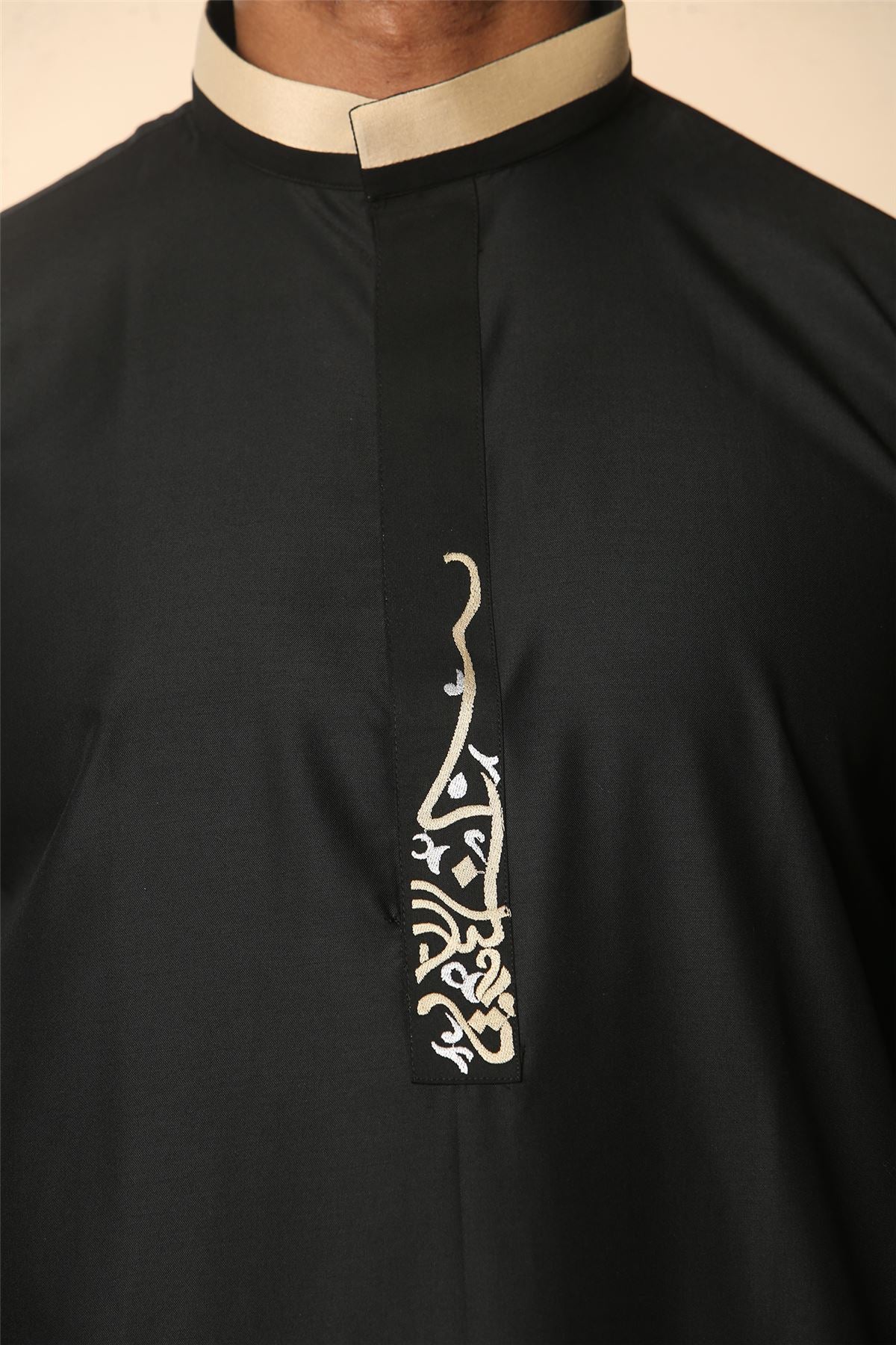 Men's Thobe Jubba Nehru Round Collar Islamic Clothing Muslim Kaftan Embroidery Eid Robe Saudi